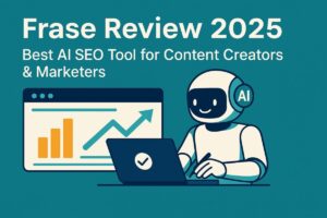 Frase Review 2025 dashboard illustration with AI SEO optimization concept