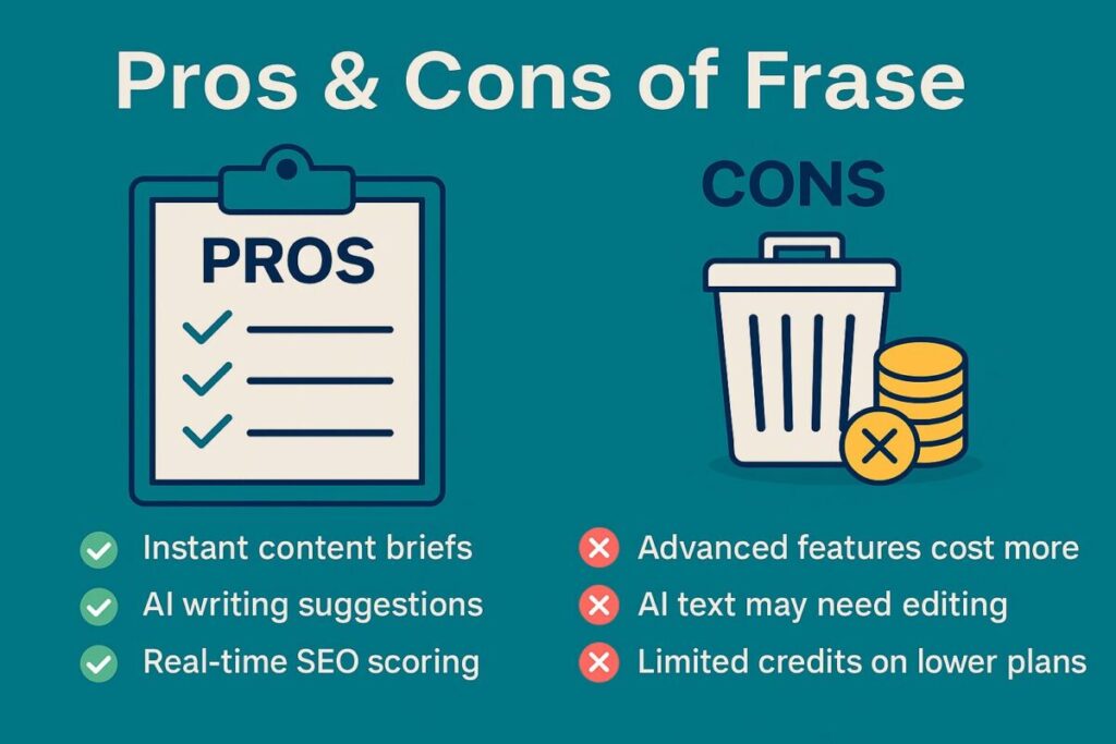 Infographic showing pros and cons of using Frase SEO tool in 2025