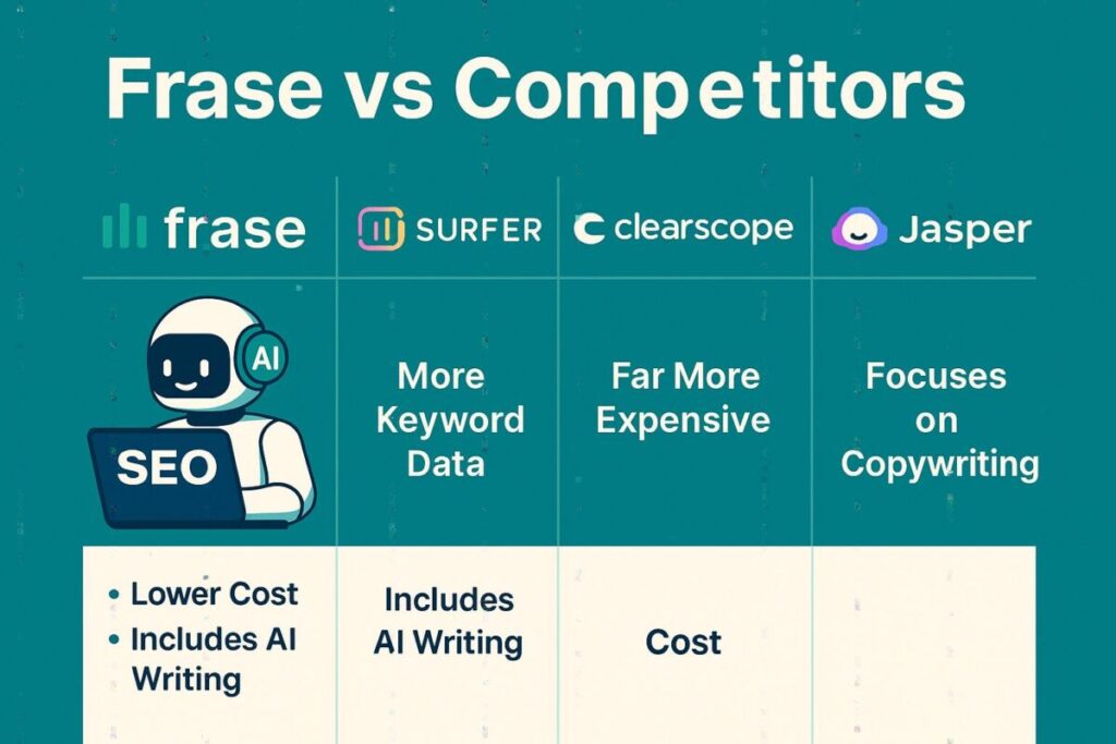 Comparison of Frase vs Surfer SEO, Clearscope, and Jasper features