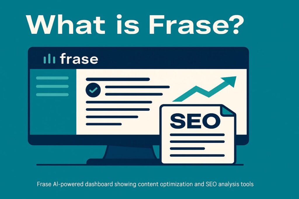 Illustration of Frase AI-powered SEO dashboard with content optimization charts