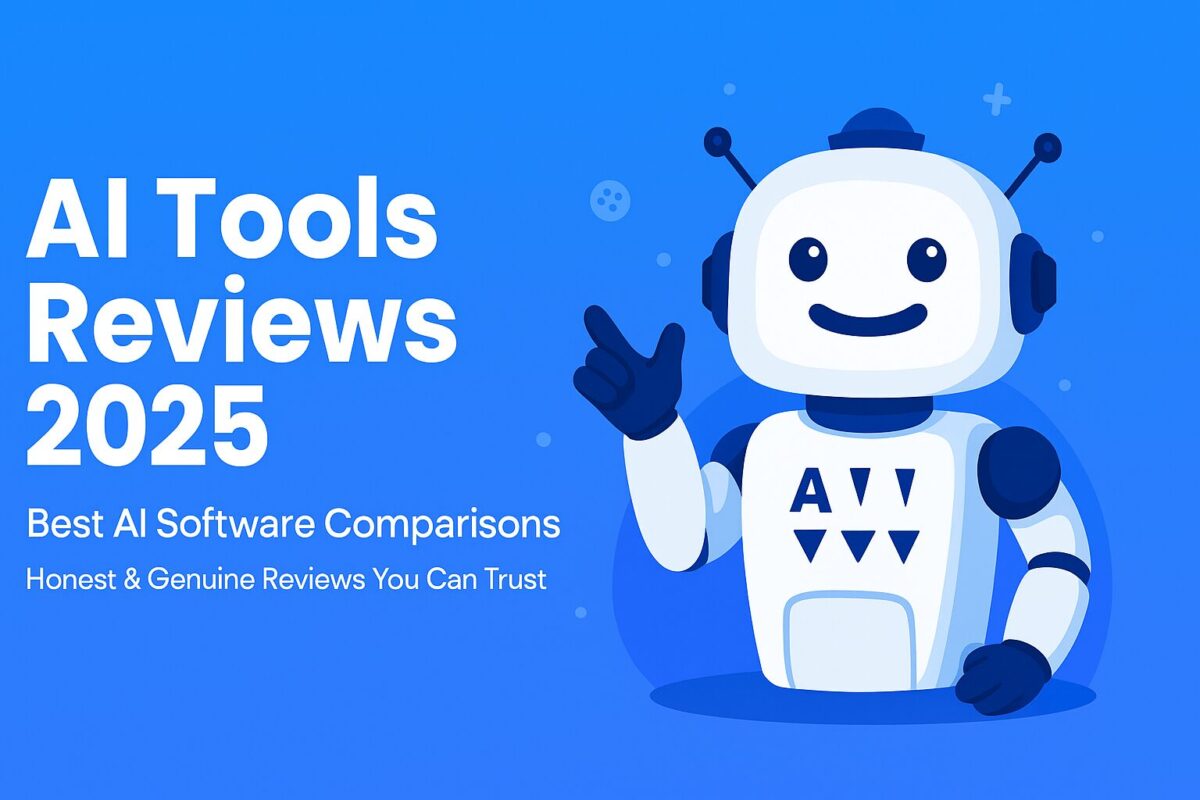 Homepage banner for Get Genuine Review showing headline “AI Tools Reviews 2025” with a friendly AI robot mascot and blue gradient background.