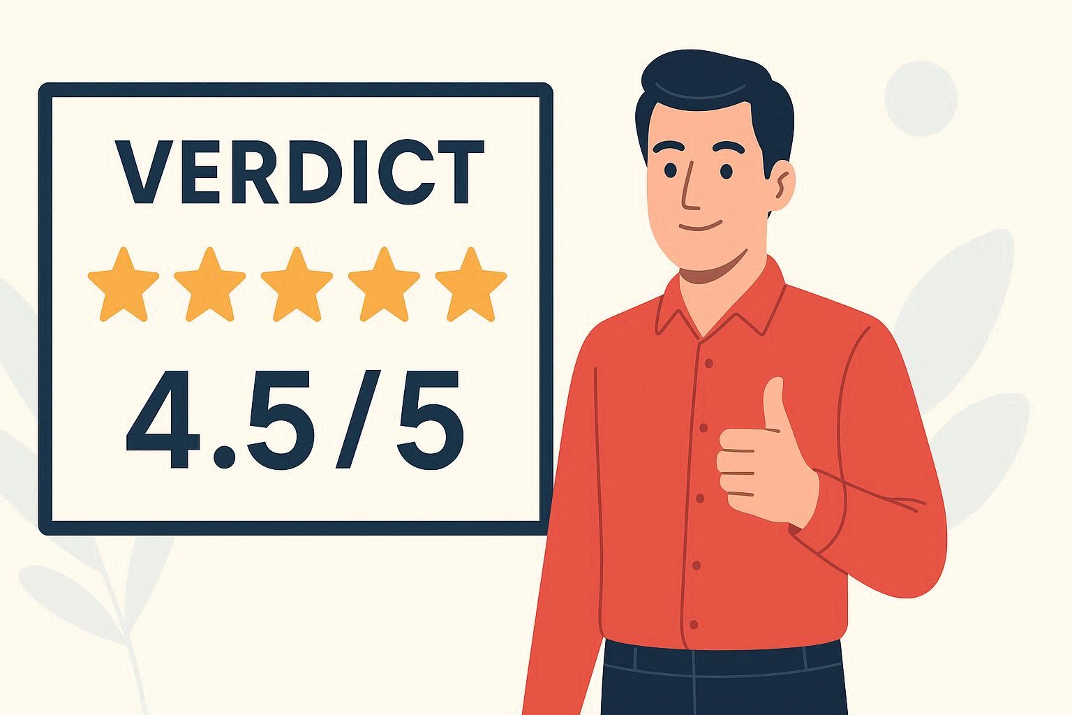 Illustration showing a final verdict board with rating stars and a reviewer giving thumbs up β HeyGen Review 2025.