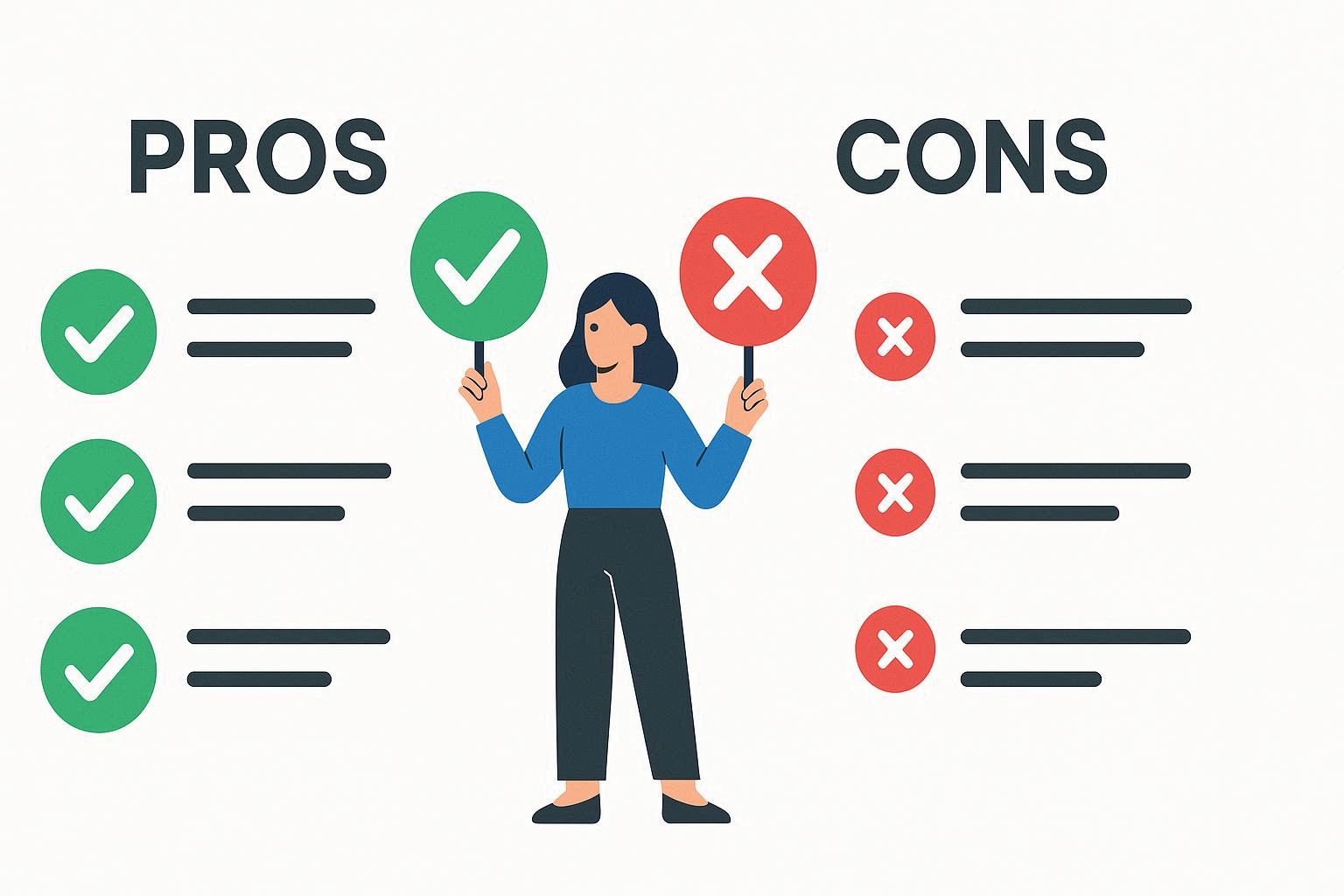 Infographic showing pros and cons of HeyGen with green checkmarks and red crosses β 2025