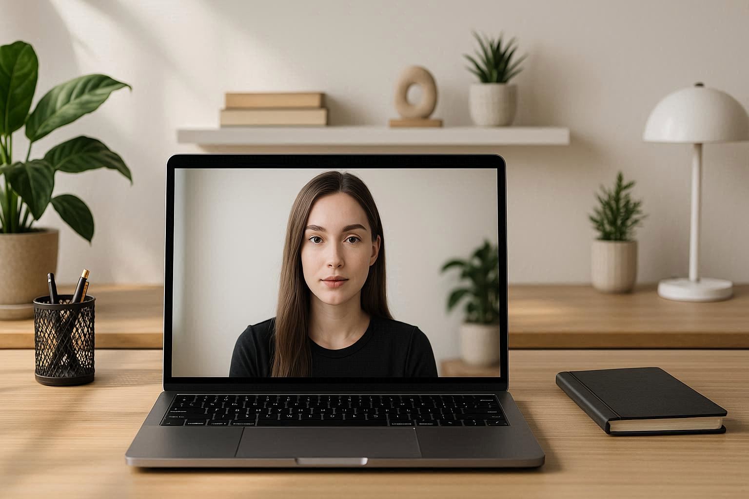 Laptop showing HeyGen avatar video in a creative workspace β real user experience 2025