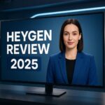 Featured banner image showing “HeyGen Review 2025” text in a modern AI virtual studio with avatar presenter.