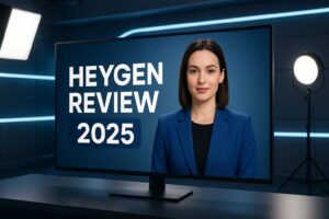 Featured banner image showing “HeyGen Review 2025” text in a modern AI virtual studio with avatar presenter.