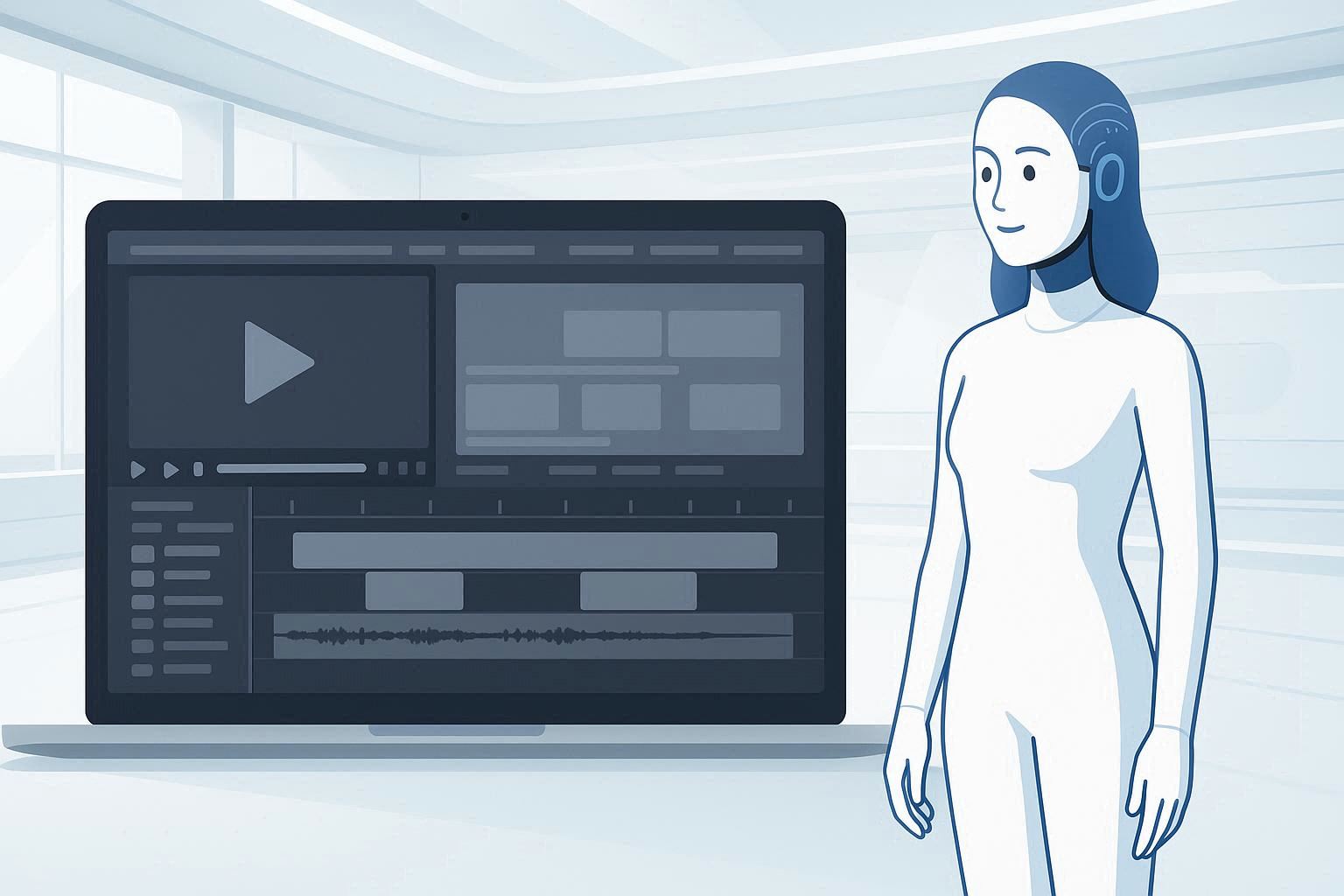 Illustration showing an AI avatar next to a laptop with a video editor interface in a modern virtual studio β HeyGen concept 2025.