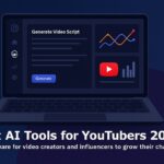 Realistic laptop mockup showing YouTube analytics dashboard in dark mode with video thumbnails, subscriber charts, and AI-powered video creation icons.
