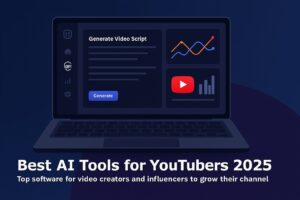 Realistic laptop mockup showing YouTube analytics dashboard in dark mode with video thumbnails, subscriber charts, and AI-powered video creation icons.