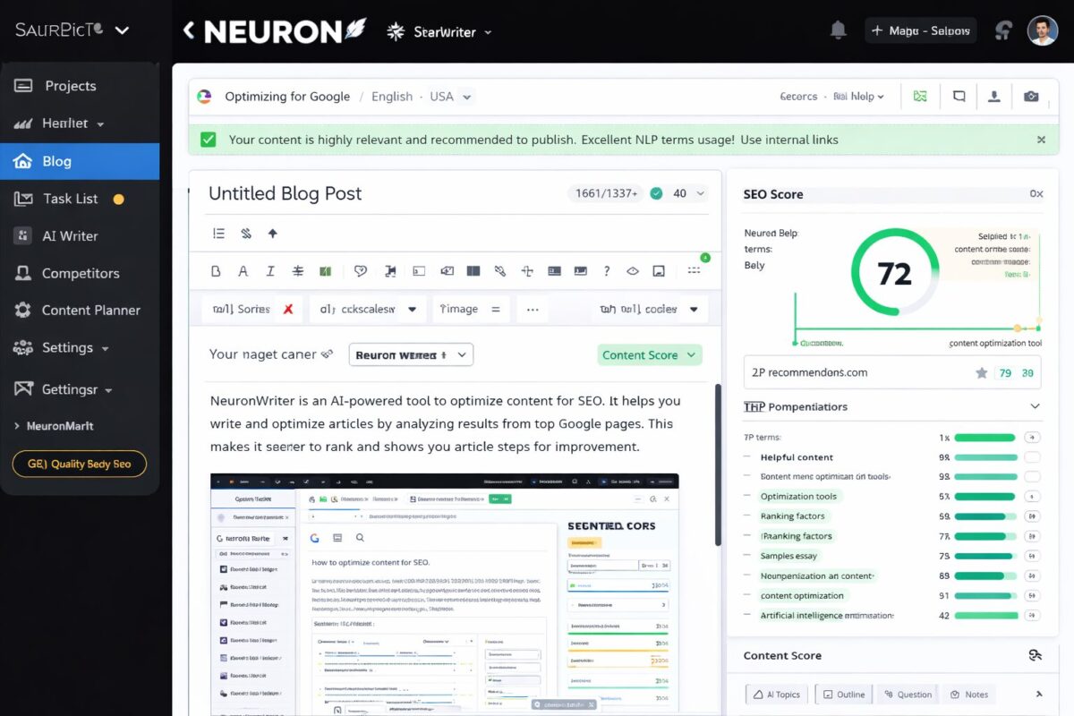 NeuronWriter dashboard showing AI SEO content optimization features