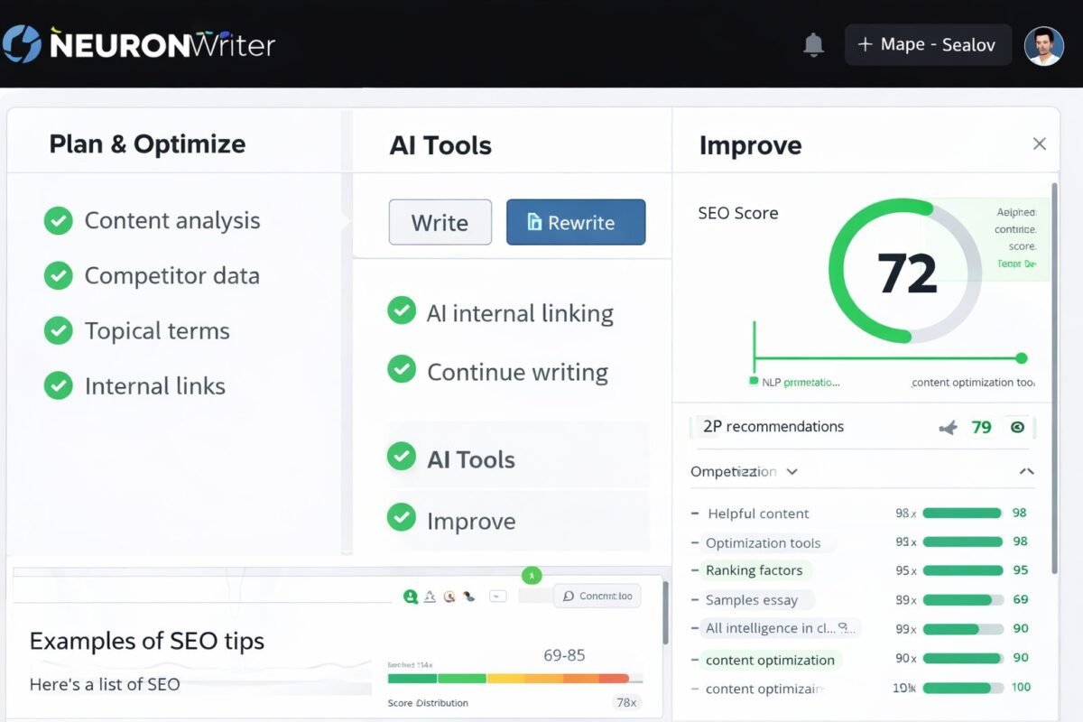 NeuronWriter SEO score and content optimization features dashboard
