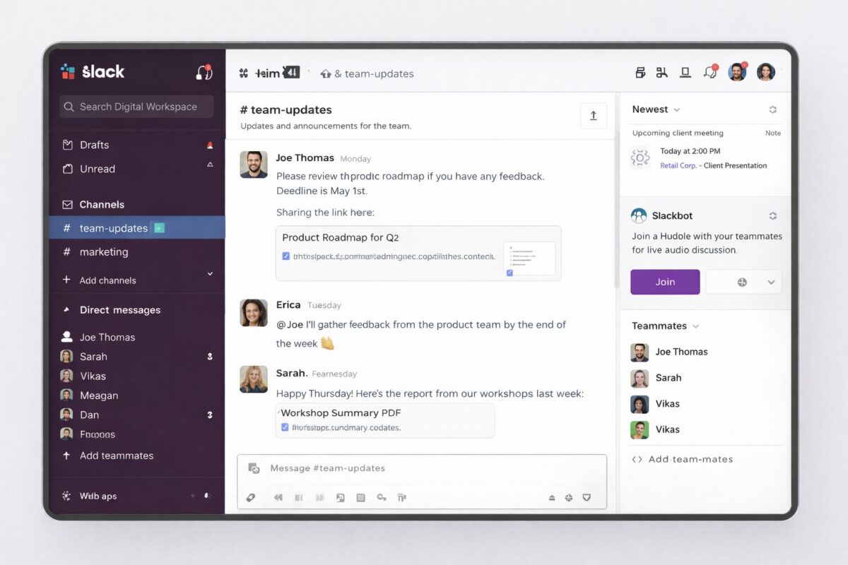 Slack team communication dashboard for workplace collaboration