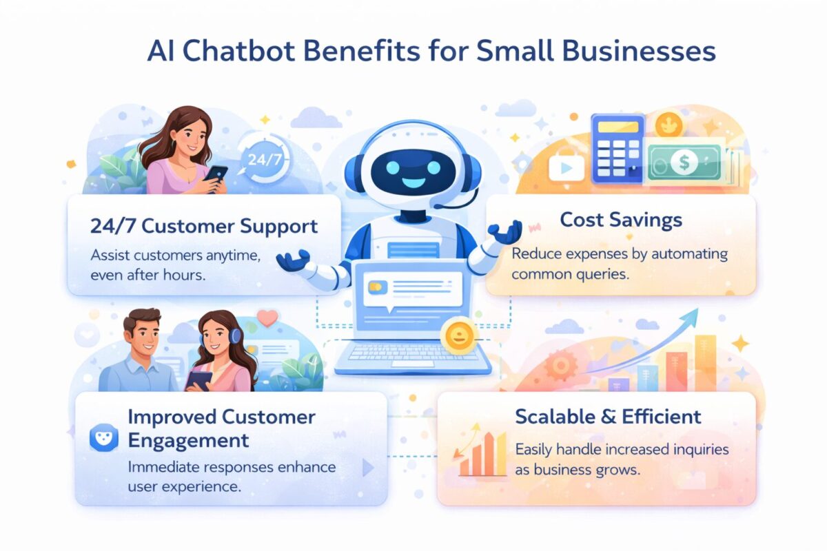 AI chatbot benefits for small businesses including 24/7 support, cost savings, improved engagement, and scalability