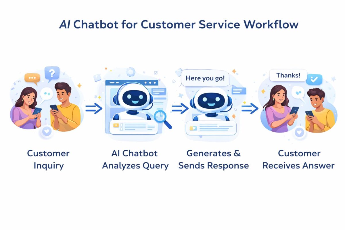AI chatbot for customer service workflow showing inquiry, analysis, response, and customer reply steps