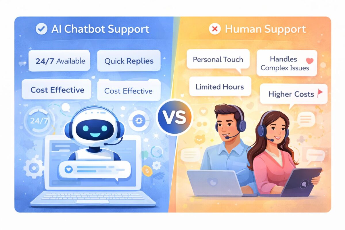 AI chatbot vs human support comparison showing 24/7 availability, cost efficiency, and handling of complex issues