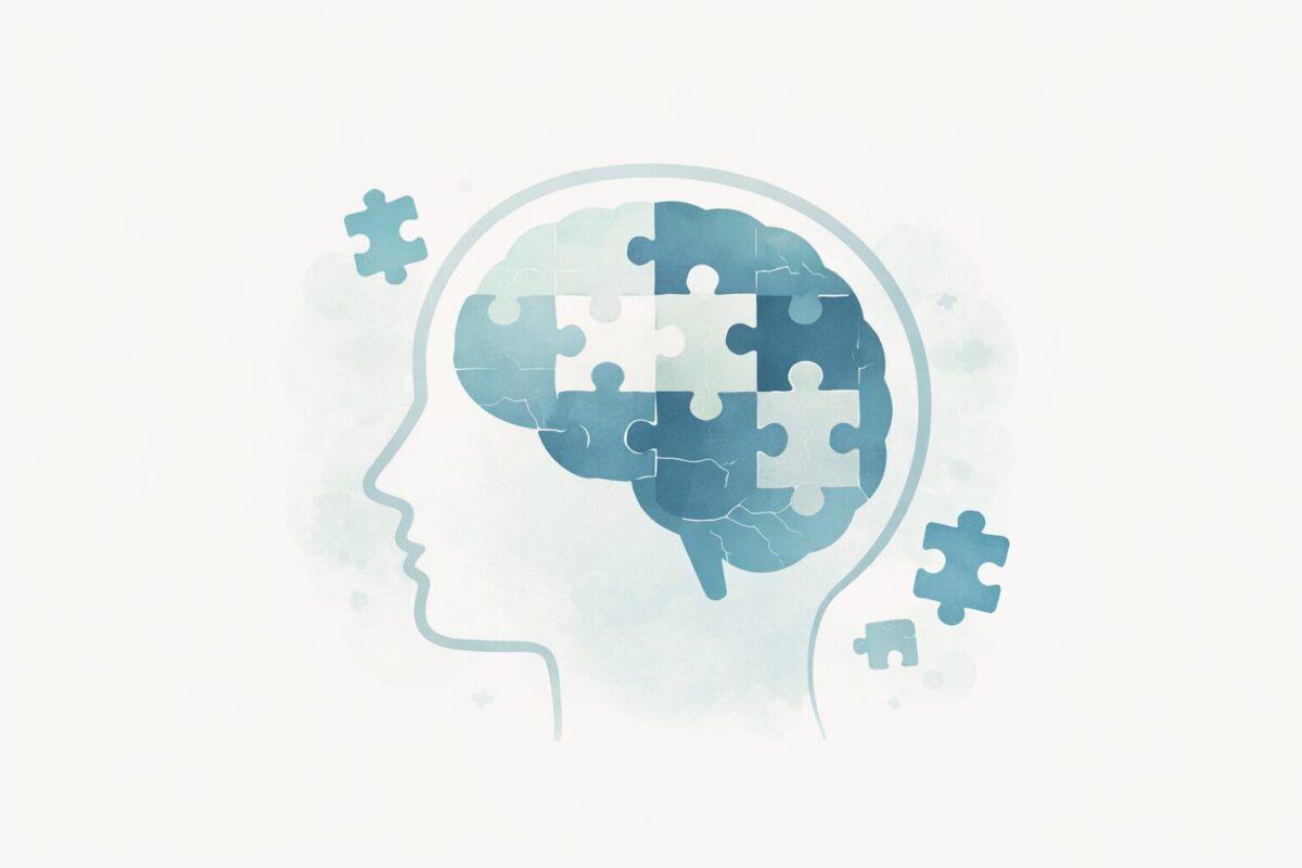 Brain with puzzle pieces fitting together representing structured thinking and problem solving