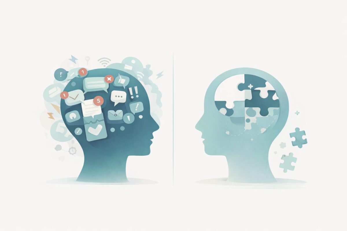 Calm focused mind compared to a distracted mind showing the importance of structured problem solving