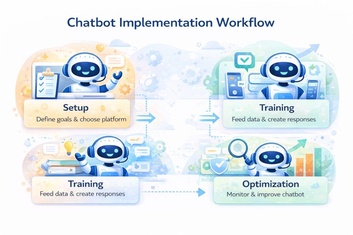 AI chatbot implementation workflow for small businesses showing setup, training, testing, and monitoring steps