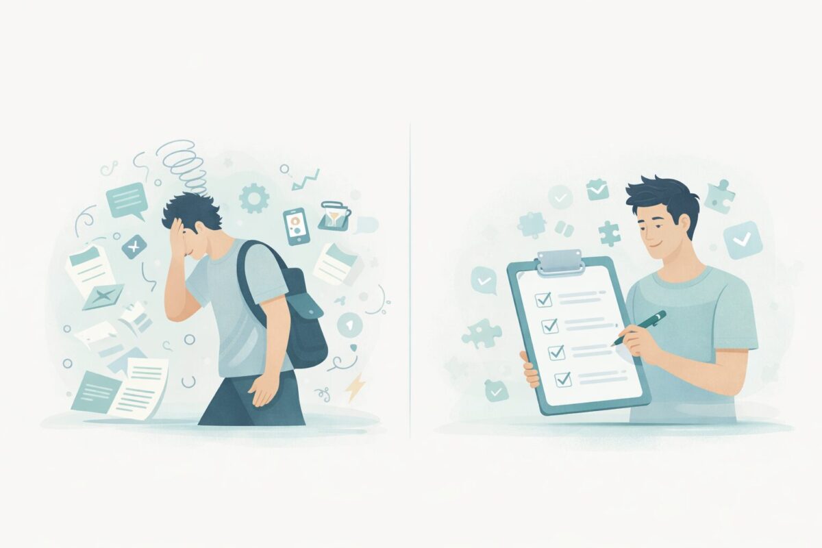 Person giving up on scattered activities compared to completing a structured task with focus