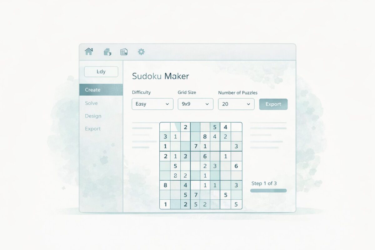 Sudoku Maker software interface showing a clean and simple puzzle book creation process