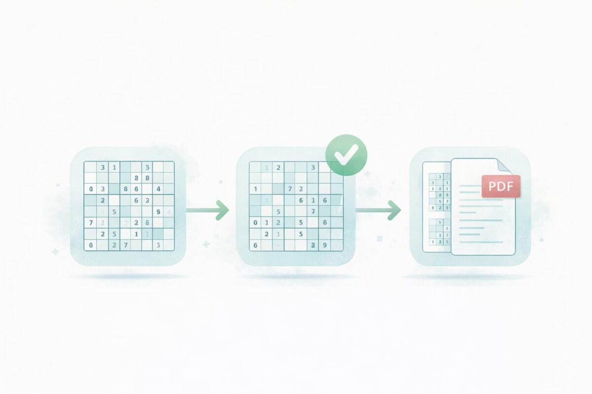 Step by step process showing Sudoku puzzles being created, solved, and exported as a PDF book