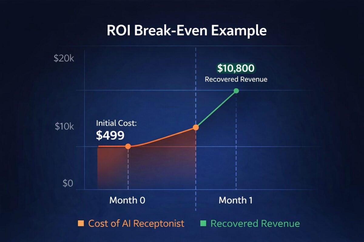 ROI break-even chart showing $499 AI automation cost versus $10,800 recovered revenue in month one for small businesses