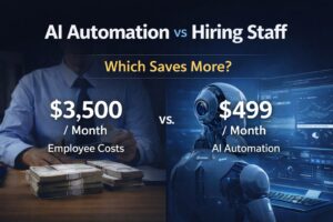 AI automation vs hiring staff cost comparison showing $3,500 employee cost vs $499 AI automation monthly cost