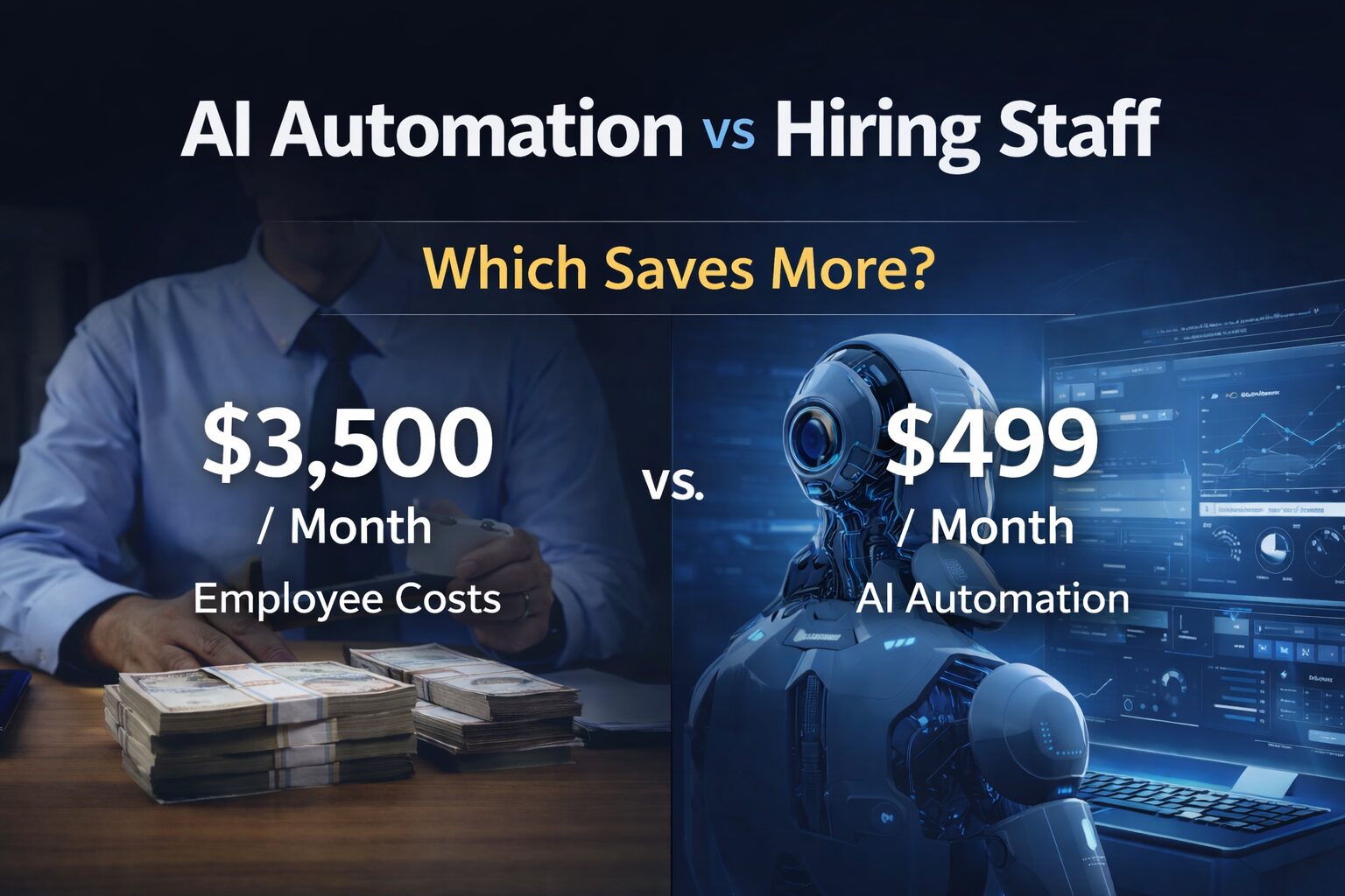 AI automation vs hiring staff cost comparison showing $3,500 employee cost vs $499 AI automation monthly cost