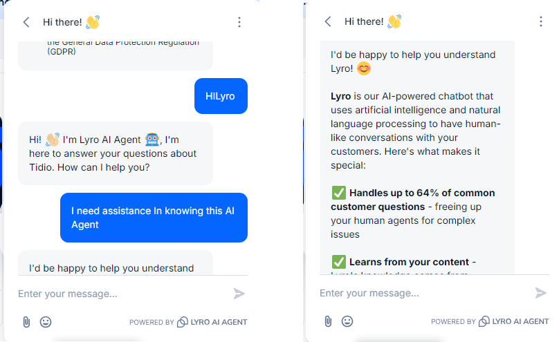 Tidio Lyro AI chatbot response example showing automated customer support conversation