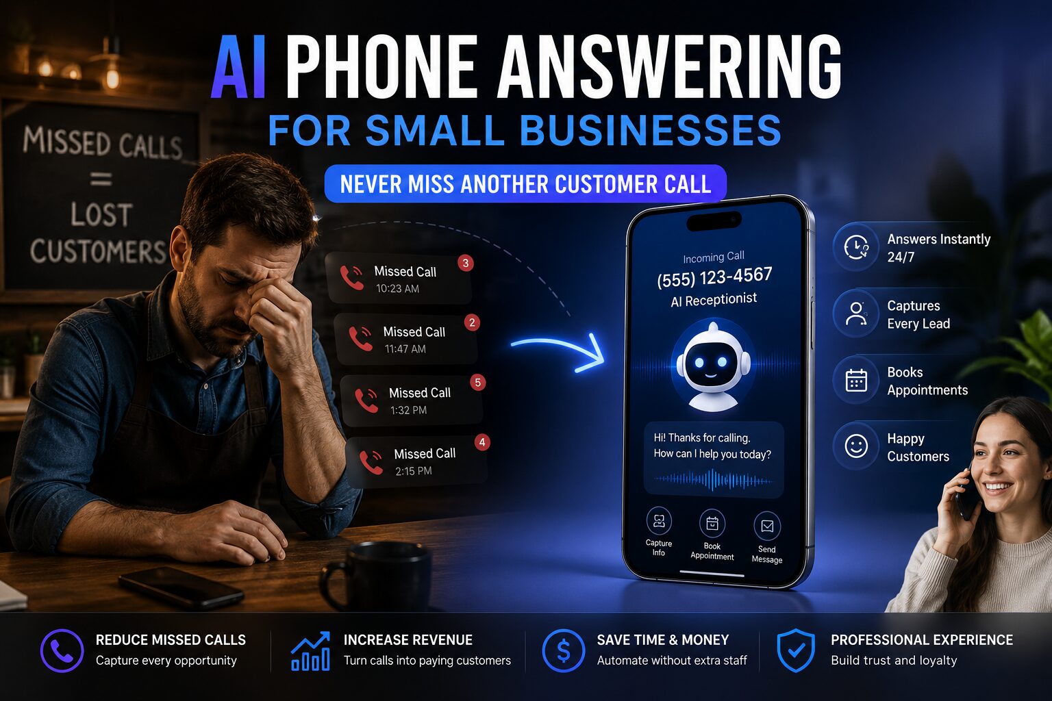 AI phone answering system helping small businesses reduce missed customer calls and automate customer communication