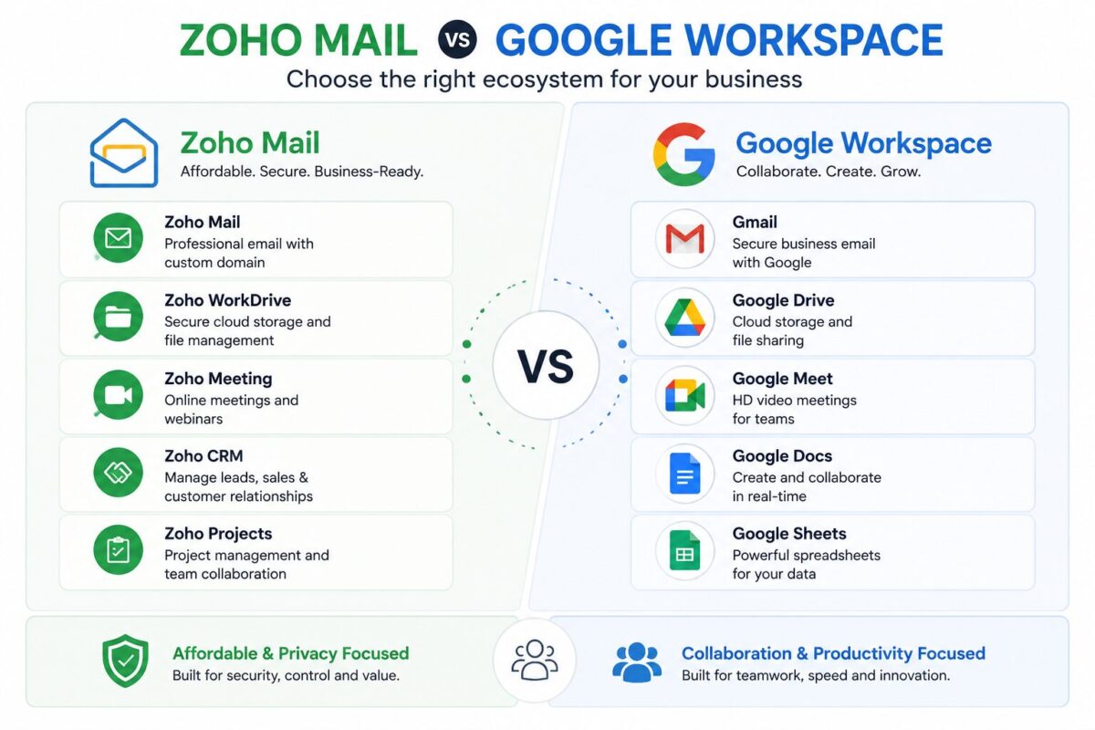 Zoho Mail vs Google Workspace ecosystem comparison for business productivity and collaboration