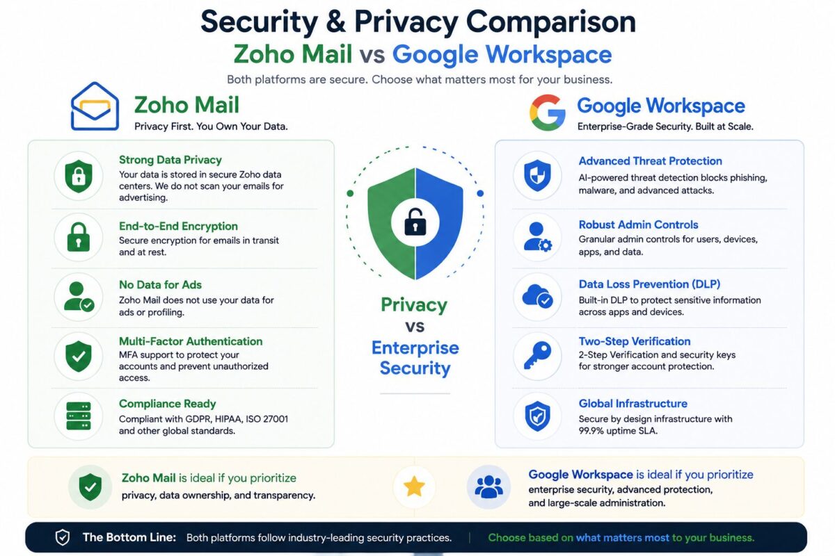 Zoho Mail vs Google Workspace security and privacy comparison for businesses