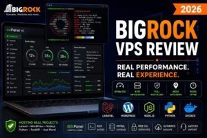 BigRock VPS Hosting Review showing a premium Ubuntu 22 VPS with NVMe SSD, KVM virtualization, aaPanel dashboard, and support for Laravel, WordPress, Node.js, Python and Docker.