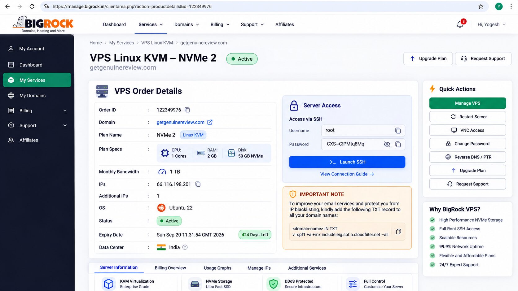 BigRock VPS Linux KVM NVMe 2 Order Details – Real Server Configuration BigRock VPS Linux KVM NVMe 2 order details showing Ubuntu 22, 2 GB RAM, 50 GB NVMe SSD, 1 vCPU, KVM virtualization, dedicated IP and SSH access.