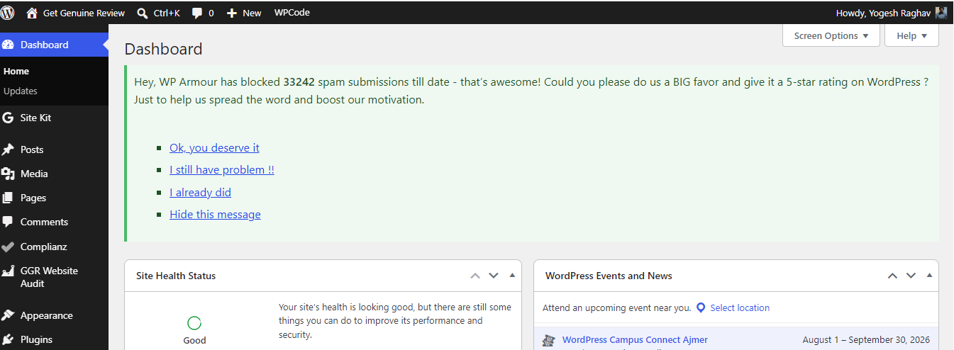 WordPress Dashboard on BigRock VPS – Successful Installation WordPress dashboard running on BigRock NVMe 2 VPS with Ubuntu 22 after a successful installation showing site health, plugins, and administrator panel.