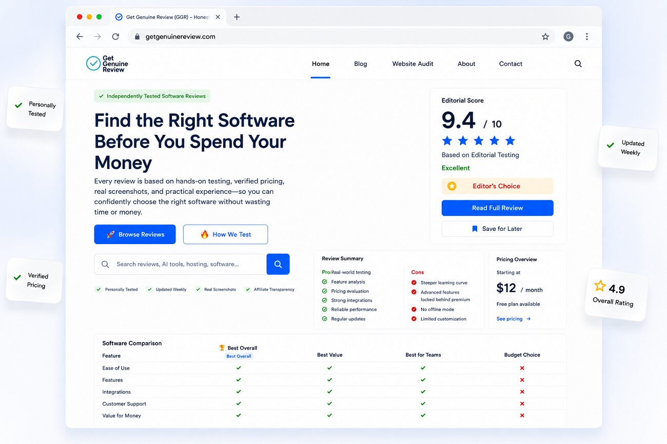 Homepage hero showing expert software reviews, editorial ratings, verified pricing, software comparisons, and hands-on testing.